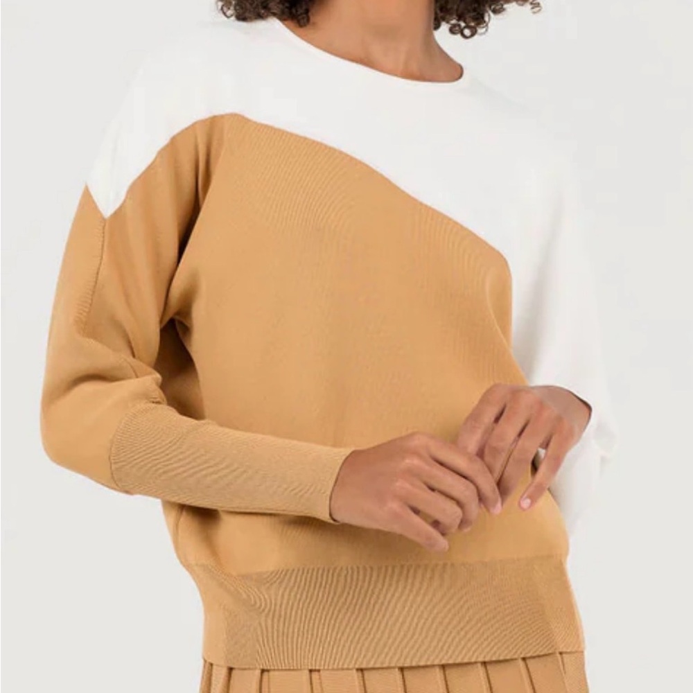 Aleeza Paris Reisling Knit Crewneck Top ColorBlock Camel White NWT XL